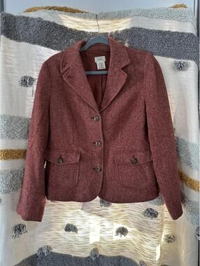 Vintage L.L.Bean Blazer Womens Red Herringbone Wool Silk Tweed Jacket - Small